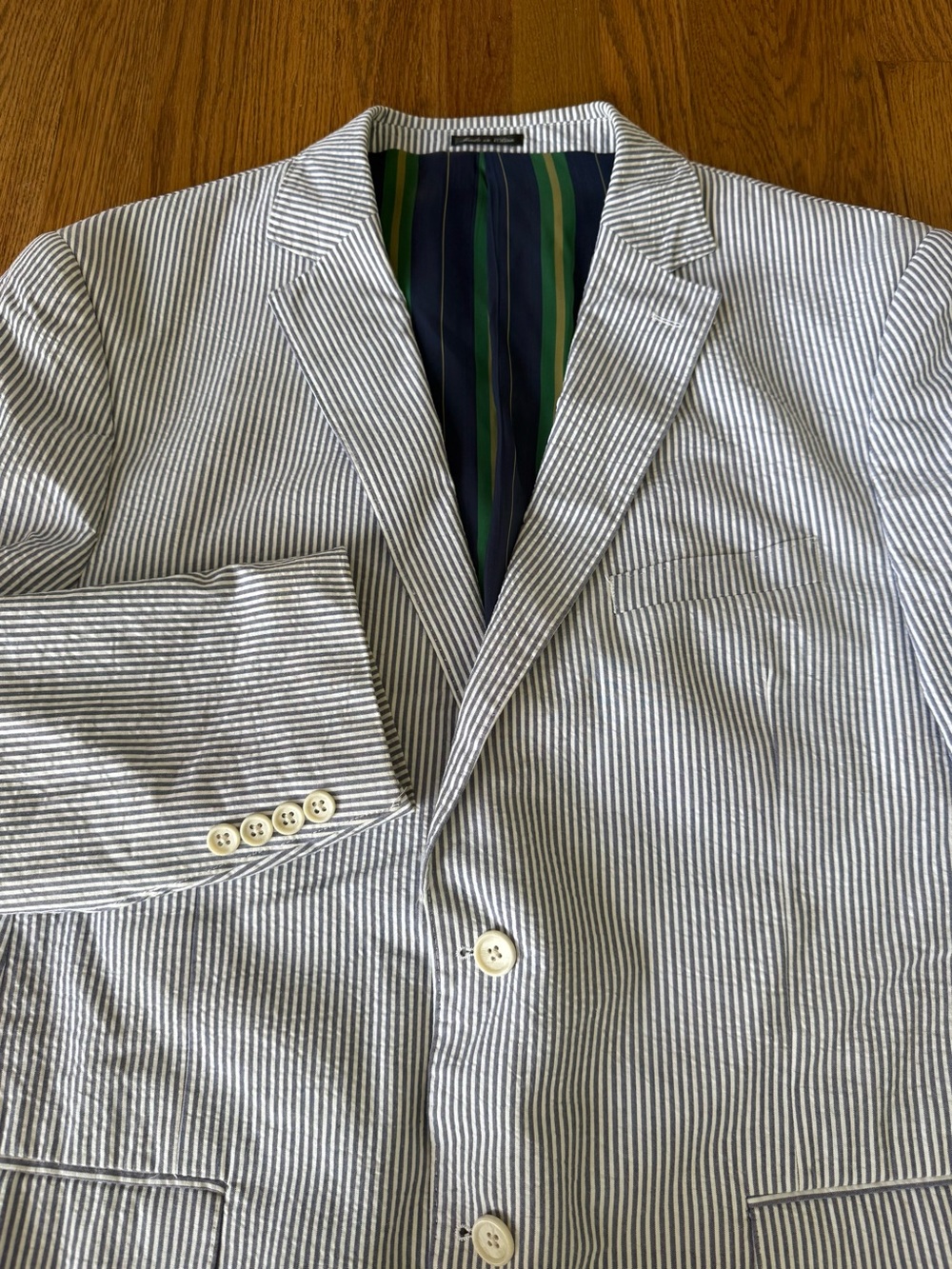 Flynt Bourne Men’s 46R Seersucker Blazer Blue White Stripe Cotton Sport Coat